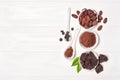 Top view on cocoa beans and powder with chocolate chunks for confectionery Royalty Free Stock Photo