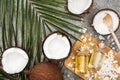 Top view of coconut oil in bottles on wooden board on grey textured background with palm leaf and coconuts. Royalty Free Stock Photo