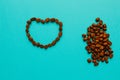 Top view of coffee and beans on blue background with copy space, banner style for text Flat lay composition. Good Morning. Royalty Free Stock Photo