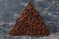 Top view of coffee beans in the form of triangle, pyramid.