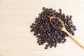 Top view of coffee beans and wooden spoon Royalty Free Stock Photo