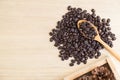 Top view of coffee beans on wooden spoon Royalty Free Stock Photo