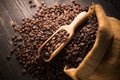 Top view of coffee beans in wooden spoon on pile of coffee beans Royalty Free Stock Photo