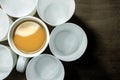 Top view of coffee cup and empty white glasses Royalty Free Stock Photo