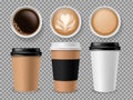 Top view of coffee cup. Espresso and latte or cappuccino in takeaway paper cups isolated vector professional different Royalty Free Stock Photo