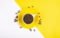 Top view of coffee cup full of beans on yellow and white background Royalty Free Stock Photo