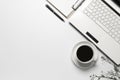 Top view coffee cup with notebook,pen or object for office supply concept on white background Royalty Free Stock Photo