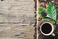 Top view Coffee in a cup, placed on a wooden plate with a wooden spoon,  coffee beans, and leaves as an element on the old wooden Royalty Free Stock Photo