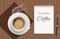 Top view coffee cup on wood table, business lunch - realictic vector coffee time background Royalty Free Stock Photo