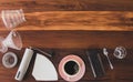 Top view. Coffee equipment with set drip coffee ,stainless, paper,cup,roasted bean and glass on wood table Royalty Free Stock Photo