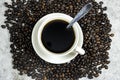 top view of coffee grains and a cup from coffee Royalty Free Stock Photo