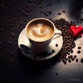 top view coffee with a heart and coffee beans on dark background Royalty Free Stock Photo