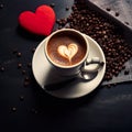 top view coffee with a heart and coffee beans on dark background Royalty Free Stock Photo