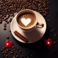 top view coffee with a heart and coffee beans on dark background Royalty Free Stock Photo