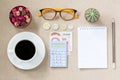 Top view of coffee notebook empty page and banknote and coin and Royalty Free Stock Photo