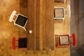Top view of coffee shop, wooden table, chair