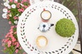 Top view of coffee table with coffee cups on balcony Royalty Free Stock Photo