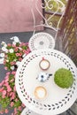 Top view of coffee table with coffee cups on balcony Royalty Free Stock Photo