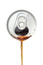 Top view of cola beverage flowing from the aluminum beverage can Royalty Free Stock Photo