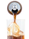 Top view of cola beverage flowing from the aluminum beverage can Royalty Free Stock Photo