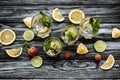 top view of cold summer cocktails in glasses and ingredients Royalty Free Stock Photo