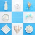 Top view collage image of dairy products. Symbols of jewish holiday - Shavuot.