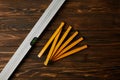 top view of collapsible meter and spirit level on wooden table Royalty Free Stock Photo