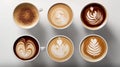 Top view of a collection of cappuccino coffee, latte with foam, on a white background. Royalty Free Stock Photo