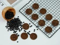 top view collection of Chocolate chip cookies on cooling rack. teatime morning activities