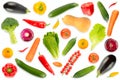 Top view on collection of fresh vegetables and fruits isolated on white with light shadow