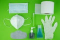 Top view collection medical mask gel alcohol and glove and tissue paper for protection against pollution virus flu corona covid-19 Royalty Free Stock Photo