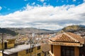 Top view of the colonial town with some colonial houses located in the city of Quito