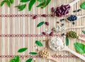 Top view of 5 color grains, including soybeans, green beans, red beans, job`s tears or millet, black beans and oats All are on a Royalty Free Stock Photo