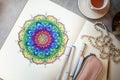 Top view of colored mandala art book with colorful markers, pen, pink pen case and rosary beads. Royalty Free Stock Photo