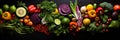 Top view of colorful assortment of fresh and nutritious vegetables and fruits on a dark background