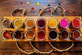 top view of colorful beer flight sampler on bar