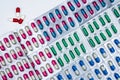Top view of colorful capsule pills in blister pack arranged with beautiful pattern. Pharmaceutical packaging. Medicine for infecti Royalty Free Stock Photo
