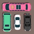 Top view colorful car toys pickup automobile transport wheel transportation design auto vector illustration.