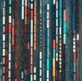 Top view of colorful cargo trains. Aerial view