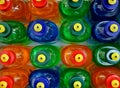 Top view of colorful dishwashing soap bottles on the supermarket shelf