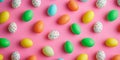 Top view of colorful easter eggs pattern on pink background Royalty Free Stock Photo