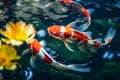 Top view of colorful koi fishes in clear water. AI generative Royalty Free Stock Photo