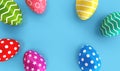 Top view of Colorful painted Easter eggs on blue floor background. Holiday and Festival concept. Dot star and line fantasy pattern