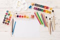 Top view on colorful paints and brushes. Creative ideas, creativity and early learning. Education concept Royalty Free Stock Photo