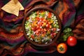 top view of colorful pico de gallo with tortilla chips