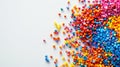 Top view of colorful polymer masterbatch granules, light background, industrial plastic template. Generative AI Royalty Free Stock Photo