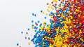 Top view of colorful polymer masterbatch granules, light background, industrial plastic template. Generative AI Royalty Free Stock Photo