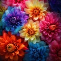 Top view of colorful rainbow heads, flower petals. Flowering flowers, a symbol of spring, new life