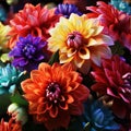 Top view of colorful rainbow heads, flower petals. Flowering flowers, a symbol of spring, new life