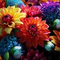 Top view of colorful rainbow heads, flower petals. Flowering flowers, a symbol of spring, new life